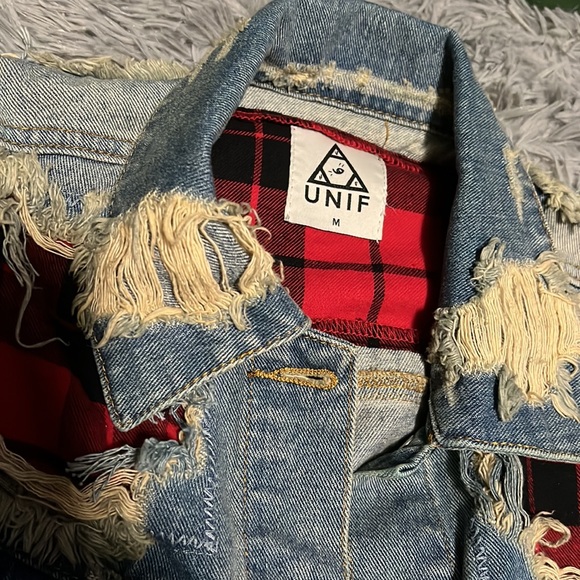 UNIF Distressed Denim Vest with buffalo plaid M medium - Picture 2 of 5